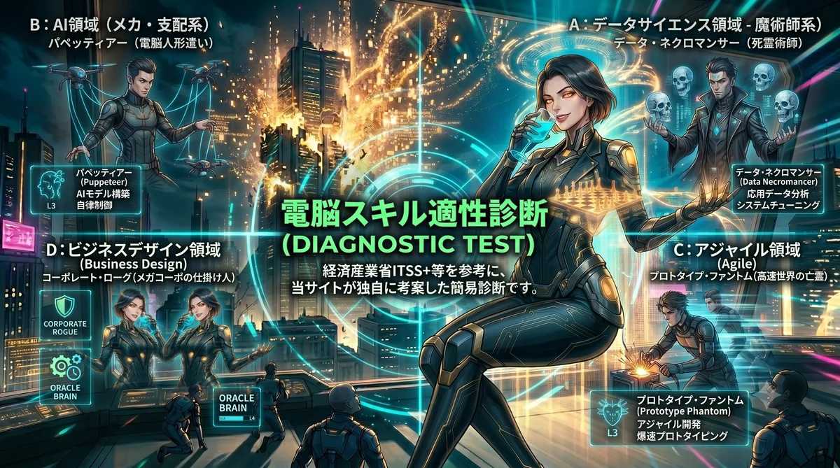 4つのリスキリング領域（AI, データサイエンス, アジャイル, ビジネスデザイン）の全キャラクターが集結した、電脳スキル適性診断のアイキャッチ画像。サイバーパンク風の都市を背景に、経済産業省ITSS+を参考にした独自診断であることを示す日本語テキストが配置。